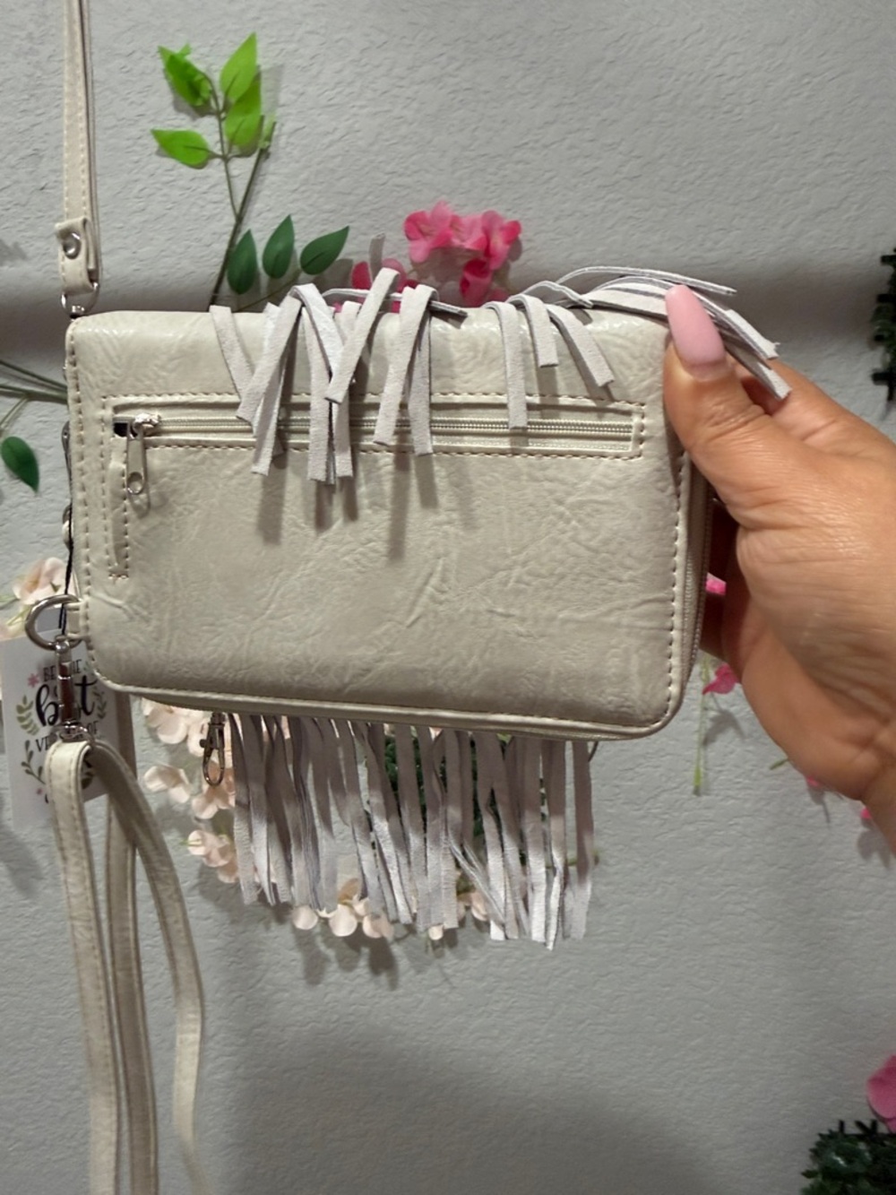 Boho Fringe Crossbody Bag in Light Gray with Red Aztec Panel - Picture 4 of 5